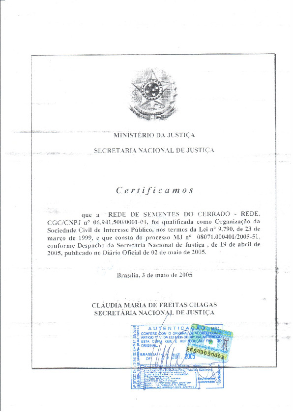 Certificado de OSCIP Federal da Rede de Sementes do Cerrado